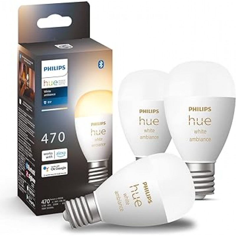 Philips Hue E17 스마트 전구, LED 전구, 주광색, Alexa 호환 가능, 밝기 조절 가능, Echo Google Home Siri, 화이트 그라데이션, Bluetooth + Zigbee, 3개 팩