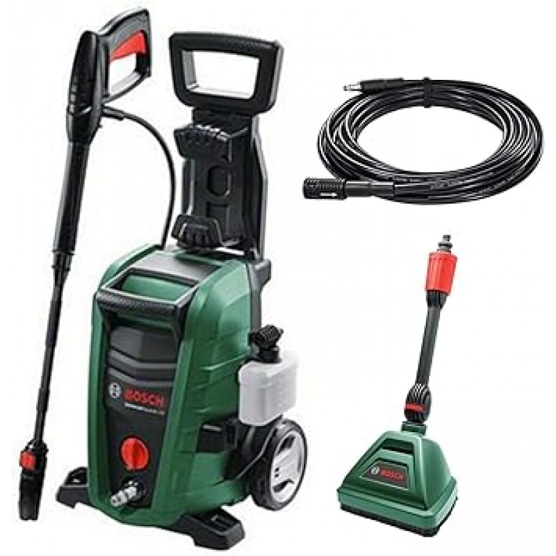 BOSCH(UA125J3) 고압 파워 세척기 세트(브러시가 있는 19.7ft(6m) 연장 고압 호스) 1500W 최대 허용 압력 12MPa 강력한 청소, 소형 보관, (26.6ft(8m) 고압, 9.8ft(3m) 물 호스 포함 바퀴)