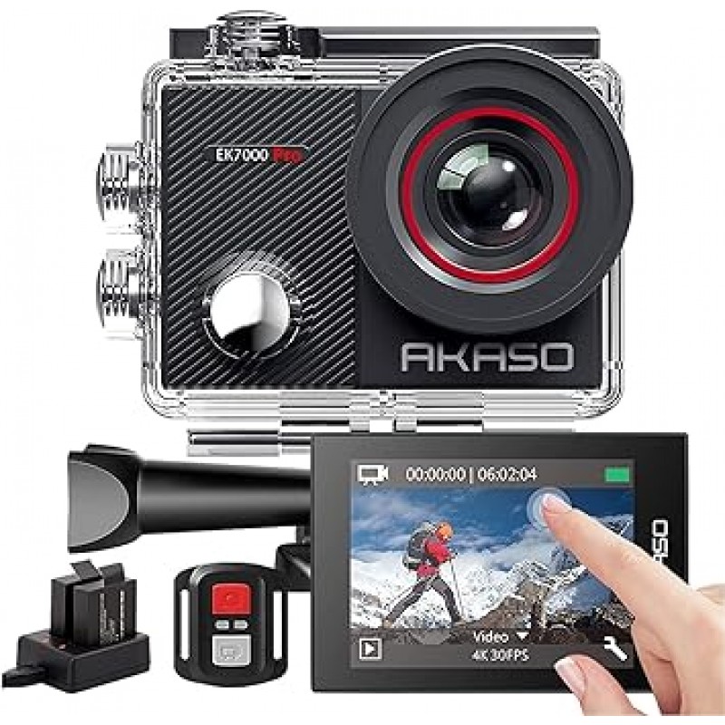 AKASO 액션 카메라, 4K-EK7000 Pro, 20메가픽셀, 터치 패널, 외부 마이크 지원, 손떨림 보정, WIFI, 광각 렌즈, 40m(134.2ft), 방수, 수중 카메라, HDMI 출력, 스포츠 카메라, 원격 제어, 1050mAh 배터리 2개, 다양한 액세서리, 웨어러블 카메라, 오토바이, 자전거, 자동차에 부착 가능(JP 버전)