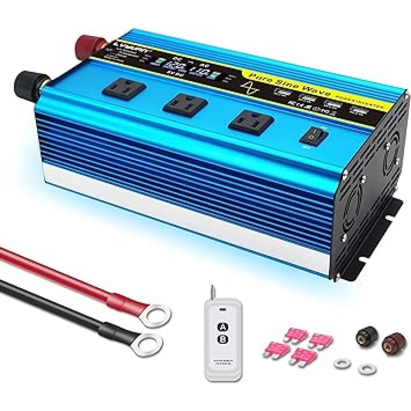 2022 모델 LVYUAN 인버터 사인파 12V 1600W 최대 3200W 원격 제어 기능 DC 12V (DC) AC 100V (AC) 변환기 AC 콘센트 x 3, USB 소켓 x 3, 냉각 팬 x 4, 자동차 인버터, 지진, 재해 대비 용품, 자동차, 선박, 주방, 야영자 또는 긴급 상황