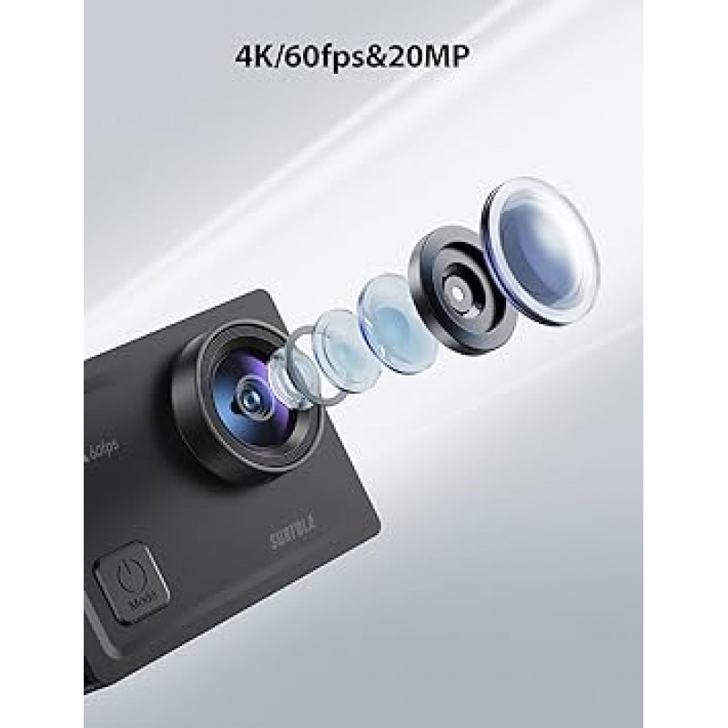 Surfola SF430 액션 카메라, 4K60fps, 20MP 해상도, EIS 6 이미지 안정화, 터치 패널 유형, 8x 디지털 줌, 외부 마이크, 원격 제어, WiFi, 이미지 안정화, 134.2피트(40m), Sony CMOS 센서, 2 1350mAh 배터리, 수중 카메라, 170도 광각, 웨어러블 카메라, 광각, 다양한 액세서리