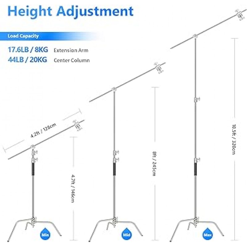 NEEWER C 스탠드 사진 조명 스탠드 Pro 100% 스테인리스 스틸 최대 높이 320cm 헤비 듀티, 50