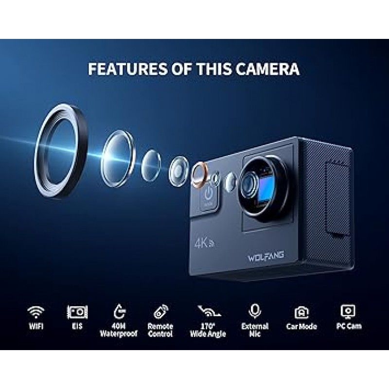 WOLFANG GA300 액션 카메라, 4K, 2000만 화소 수중 카메라, 외장 마이크, 리모콘, WiFi, 손떨림 보정, 수심 40m, HDMI 출력, 1050mAh 대용량 배터리 2개, 170° 광각 렌즈, 웨어러블 카메라 , 풍부한 액세서리