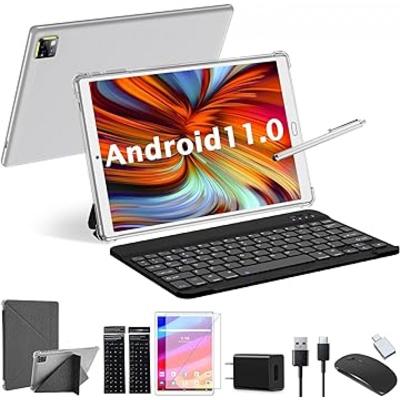 2023 New 2-in-1 태블릿, 10인치 5G+2.4G WIFI 태블릿, Android 11.0 태블릿, 4GB RAM+64GB ROM+512GB 확장 스토리지, 4코어 CPU, 1280*800 IPS HD 디스플레이, Type-C 충전, Bluetooth 5.0, 13MP+5MP 듀얼 카메라 케이스, 키보드, 마우스 어린이를 위한 선물 태블릿 PC, 온라인 클래스 GMS 일본어 사용 설명서(영어는 보장되지 않음), 흰색