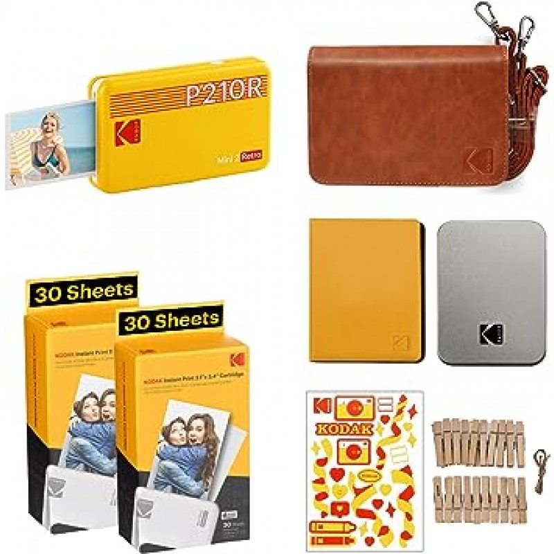 Kodak KODAK Mini 2 Retro 4PASS 휴대용 포토 프린터(5,3 x 8,6 cm) + 68 선물 번들, 노란색