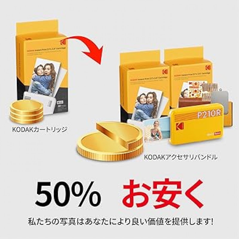 Kodak KODAK Mini 2 Retro 4PASS 휴대용 포토 프린터(5,3 x 8,6 cm) + 68 선물 번들, 노란색