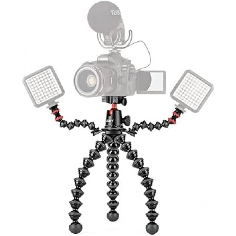 Joby JB01522-BWW 미니 삼각대 Gorilla Pod 리그, 적재 용량 11.0lbs(5kg), 부착된 액세서리용 헤드 헤드 리그 포함, 블랙/차콜, LED 조명/마이크