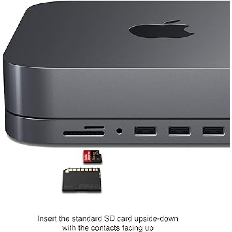 Satechi USB-C 알루미늄 스탠드 및 허브(스페이스 그레이)(2018/2020 Mac Mini와 호환 가능), USB-C 데이터 포트, 마이크로/SD 카드 리더기, USB 3.0, 헤드폰 잭