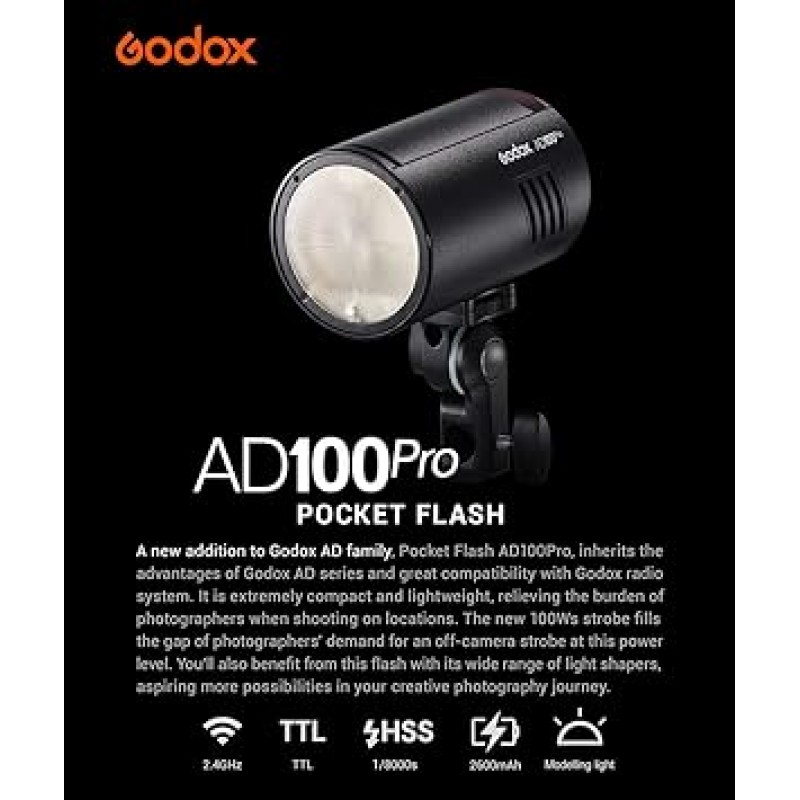 Godox AD100Pro 플래시 스트로브 100Ws 포켓 라이트 실외 플래시 1/8000s TTL/M/Multi, 내장형 2.4G 무선 전송 고속 동기화 5800±200K 충전식 2600mAh 배터리 360 풀 파워 플래시 0.01-1.5s 재활용 OLED 패널 야외 촬영을 위한 경량 휴대용