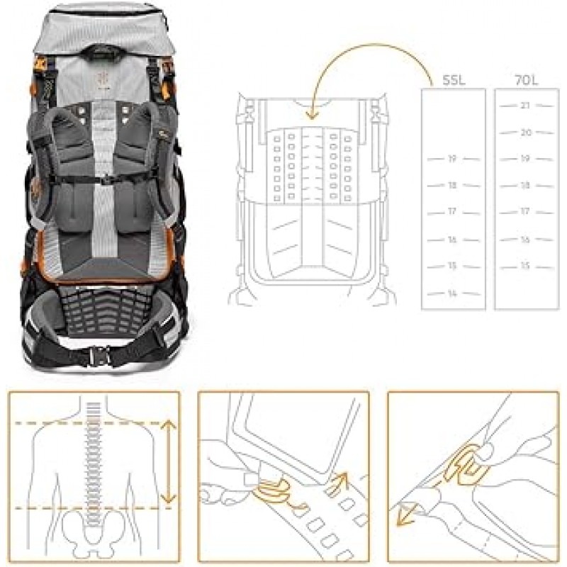 Lowepro LP37436-PWW 카메라 백팩, 포토 스포츠, PRO 70L, AW III(S-M), 탈착식 카메라 박스, ActiveLift 하니스 시스템, 조절 가능한 등 길이, 스트랩 액세서리 키트, 전천후 커버 포함, 호환 크기: 높이 61.0 - 67.0인치(155 - 170cm), 지속 가능한 소재, 메인 수납 공간 18.7gal(47.2L)