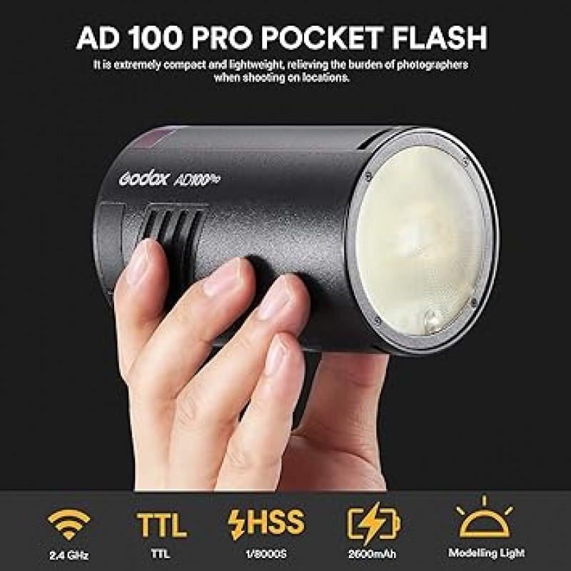 Godox AD100Pro 포켓 플래시 스트로브, 컬러 필터 및 핸들, 100W, TTL, 내장형 2.4G 무선 X 시스템, 1/8000 HSS, 고속 동기화, 2600mAh 리튬 이온 배터리, 360 최대 출력, 원형 플래시, 병렬 가져오기