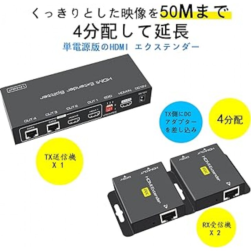 EX712 HDMI 연장기, LAN 분배기, 연장기, 50m(164.0피트), 50m(164.0피트), 분배기, 단일 전원 공급 장치, 분배기 연장기 1080P, CAT6, CAT7, TX 2RX, PSE 인증, DC 어댑터 포함