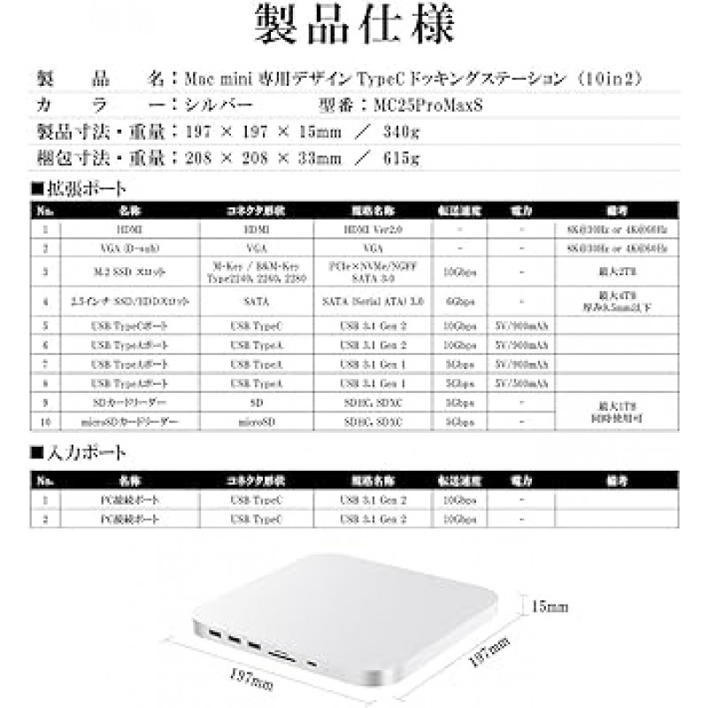 Mac Mini 도킹 스테이션 Type C(10 in 2) 실버/M.2 슬롯(외부 SSD 케이스) + 2.5