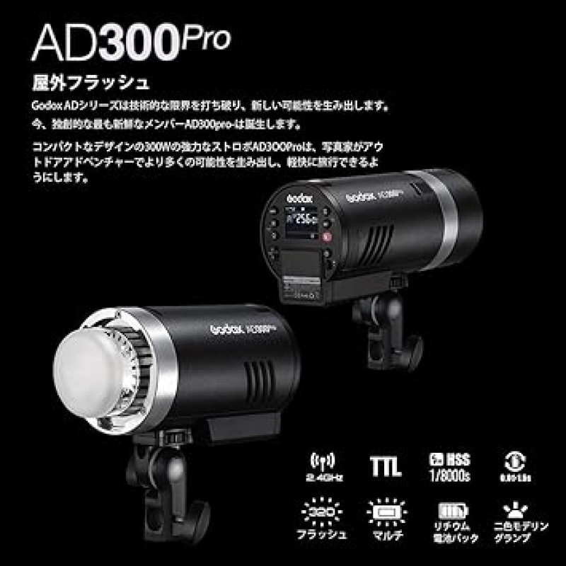 Godox AD300Pro 플래시 스트로브 BD-10 헛간 도어 세트 원격 제어 300W 2.4G 1/8000HSS 2색 모델링 5600±100K 0.01-1.8S 재활용 시간 300 최대 전력 팝 12W 밝기 조정 가능 스튜디오 헛간 도어, 벌집 그리드 및 컬러 필터 [ 병행수입]