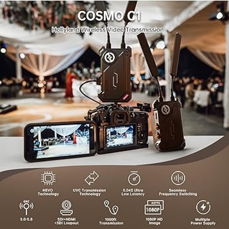 Hollyland COSMO C1 HDMI/SDI 무선 비디오 전송 시스템, 0.04S 지연, 98.1ft(300m) 전송 거리, 1080P, 60Hz, 5Ghz 채널, 실내 사용 가능