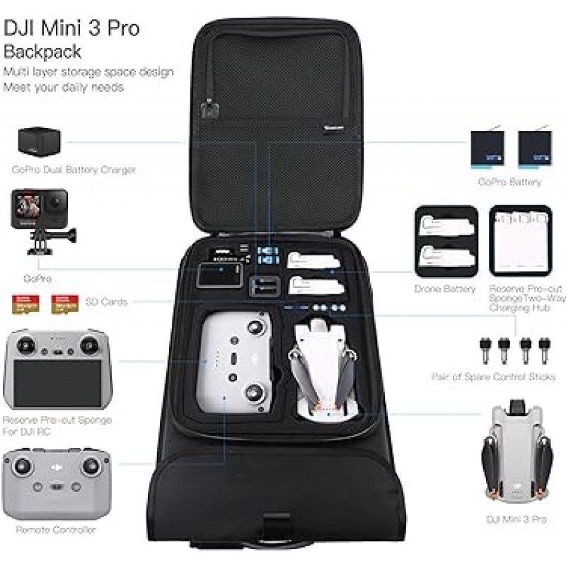 Smatree DJI Mini 3 & Mini 3 Pro 가방 팩 하드 케이스 DJI Mini 3 & Mini 3 Pro 보관 케이스 대용량 방수 충격 방지 DJI Mini 3 Pro 액세서리