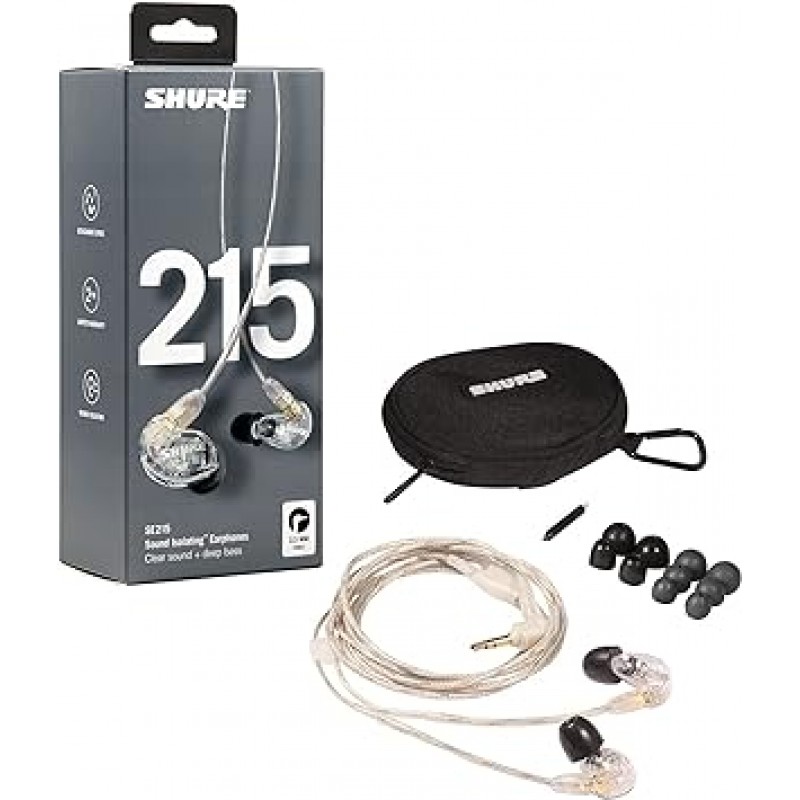 Shure SE215-CL-A 인이어 이어폰, 높은 소음 차단, 유선, 투명, 정품, 일본산