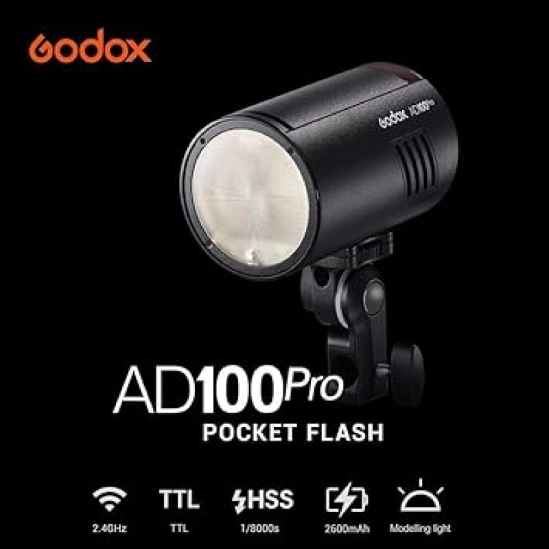 Godox AD100Pro 100Ws TTL 2.4G HSS 1/8000s 포켓 손전등, 7.2V / 2600mAh 리튬 배터리, 360 풀 파워 플래시, 0.01-1.5s 재활용, 원형 및 자기 플래시 헤드