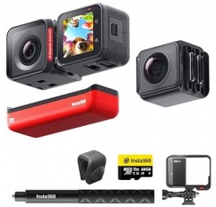 Insta360 ONE RS 트윈 프리미엄 세트 액션 카메라, 교환식 렌즈, 4K 부스트 렌즈 및 5.7K 360° 렌즈, 고유 기술, FlowState 이미지 안정화, 48메가픽셀, IPX8 방수, 6K 광각 모드, AI 편집, Active HDR, IPX8 방수, 4K /60fps, 웨어러블 카메라, 스포츠 카메라, 수중 카메라, 대용량 배터리, Insta360 공식