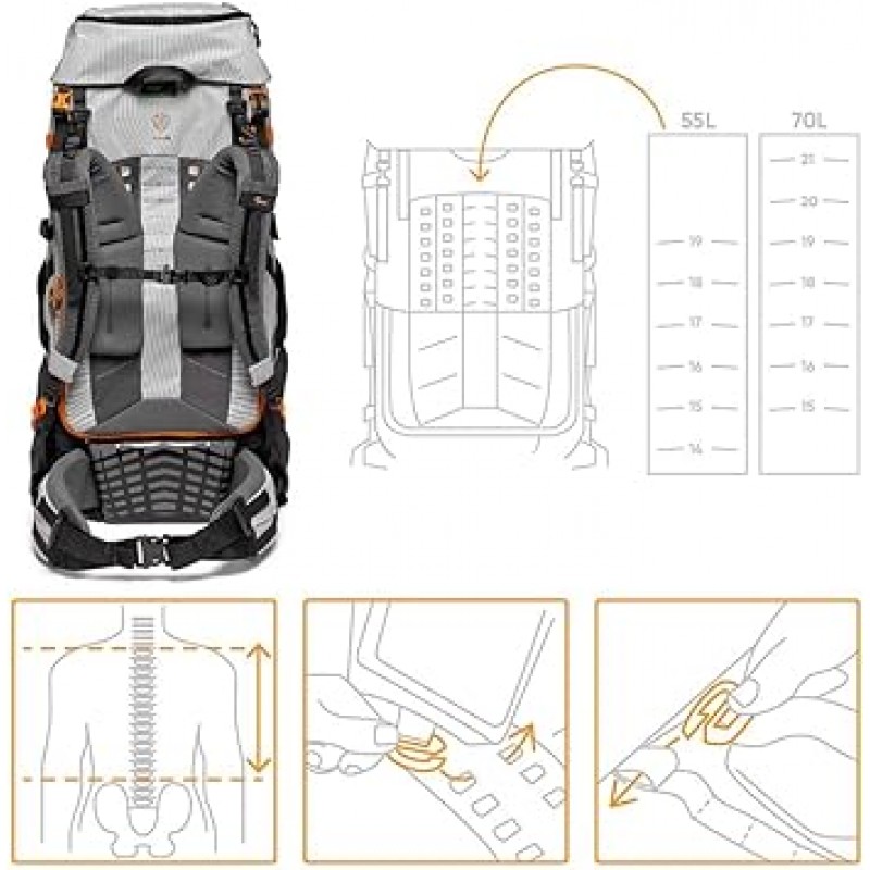 Lowepro 카메라 백팩, 포토 스포츠, PRO 70L, AW III (M-L), 탈착식 카메라 박스, 등 길이 조절이 가능한 ActiveLift 하니스 시스템, 스트랩 액세서리 키트, 전천후 커버 포함, 호환 크기: 높이 67.0 - 74.9인치(170 - 190cm) ), 지속 가능한 소재, 메인 컴파트먼트 18.5gal(47.2L), LP37437-PWW