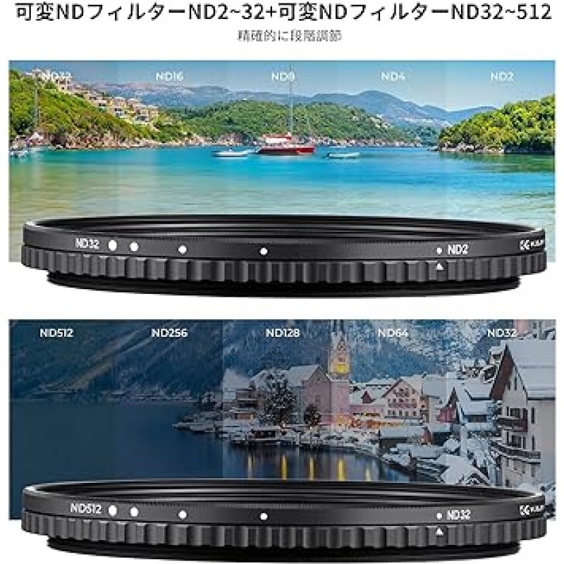 K&F Concept 2.8인치(72mm) 가변 ND 필터, ND2-ND32+ND32-ND512, 2개 세트, X자 요철, 28겹 나노 코팅, 발수, 발유, 스크래치 방지, (NANO-X Series)