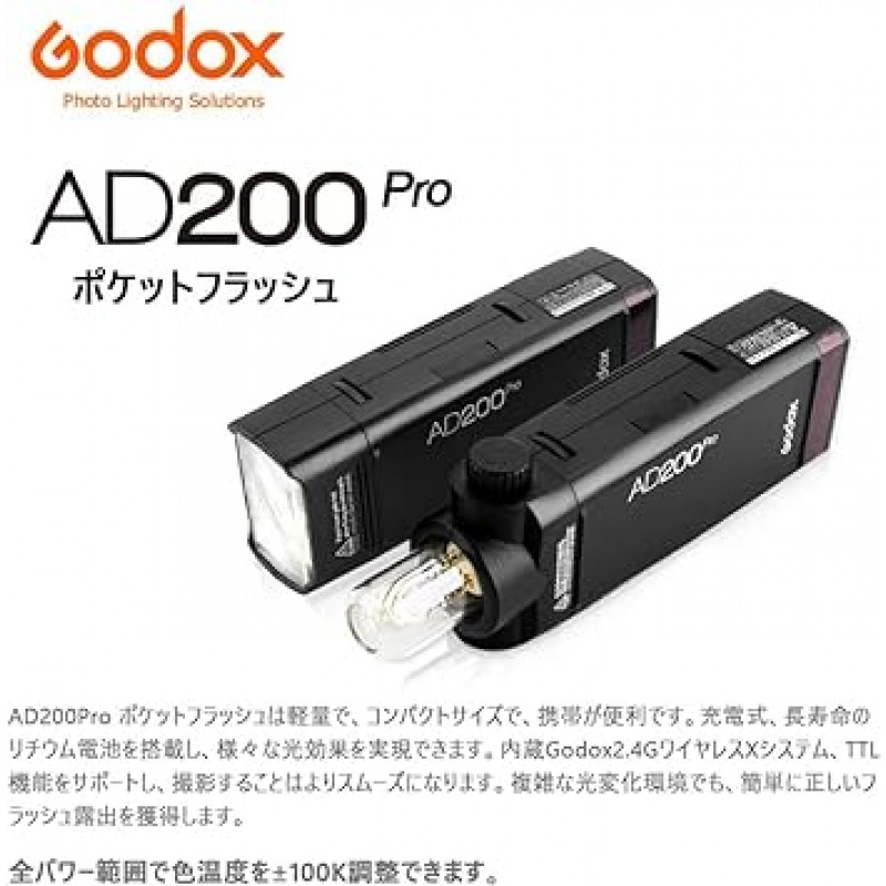 Godox AD200Pro 플래시 스트로브, 포켓 크기, 무선 제어, 고속 동기화, BD-07 Barndoor 및 Honeycomb Grid 4색 필터 키트 포함