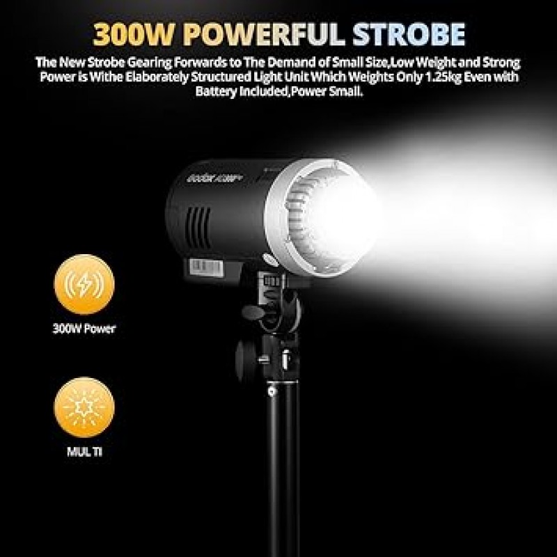 Godox AD300Pro 300W 플래시 스트로브 1/8000HSS 야외 플래시 2600mAh 배터리, 5600±100K 0.01-1.8S 300 캐논 니콘, 소니 후지 올림푸스 펜탁스용 풀 파워 팝