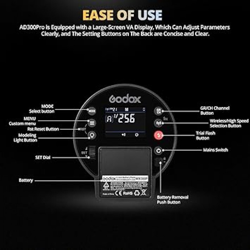 Godox AD300Pro 300W 플래시 스트로브 1/8000HSS 야외 플래시 2600mAh 배터리, 5600±100K 0.01-1.8S 300 캐논 니콘, 소니 후지 올림푸스 펜탁스용 풀 파워 팝