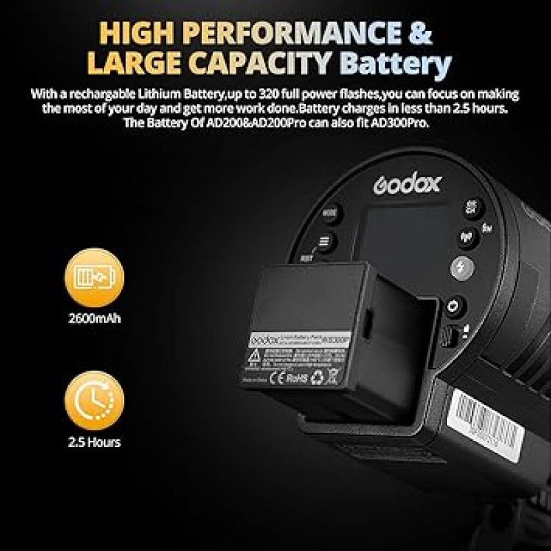 Godox AD300Pro 300W 플래시 스트로브 1/8000HSS 야외 플래시 2600mAh 배터리, 5600±100K 0.01-1.8S 300 캐논 니콘, 소니 후지 올림푸스 펜탁스용 풀 파워 팝