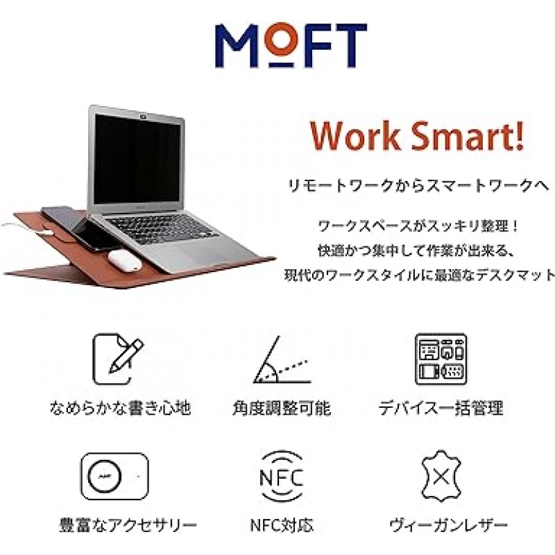 MOFT 스마트 데스크 매트, NFC 태그 호환, 스마트폰 앱, 원터치 활성화, 사무직, 워크스테이션, 책꽂이, 메모 홀더, 태블릿 홀더, 케이블 홀더, 비건, 20°, 45°, 60°, 각도 조절, 하중 용량: 6.6lbs(3kg), 대량 장치 관리(데스크 매트(나이트 블랙), 단일 항목)