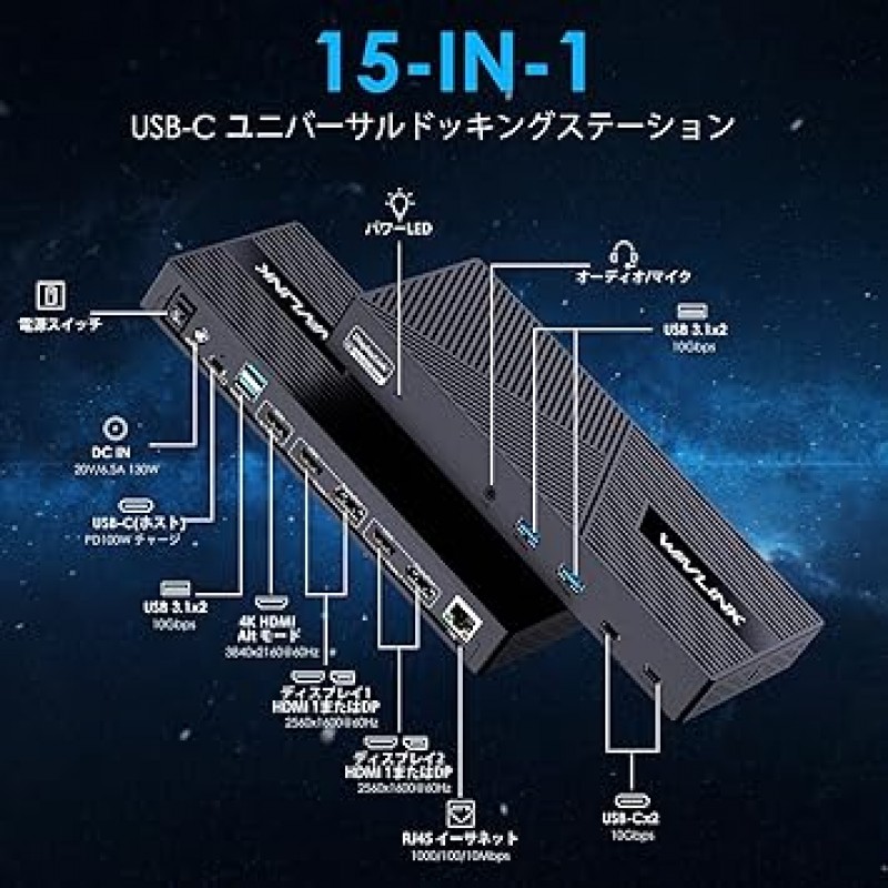 WAVLINK USB-C 4K HDMI/DP 도킹 스테이션 7.5W USB-C/ 4.5W USB 3.0 고속 충전 포트, 130W 충전, 미러 모드 및 확장 모드 지원, Windows 및 Mac OS 지원, 10Gbps 데이터 전송