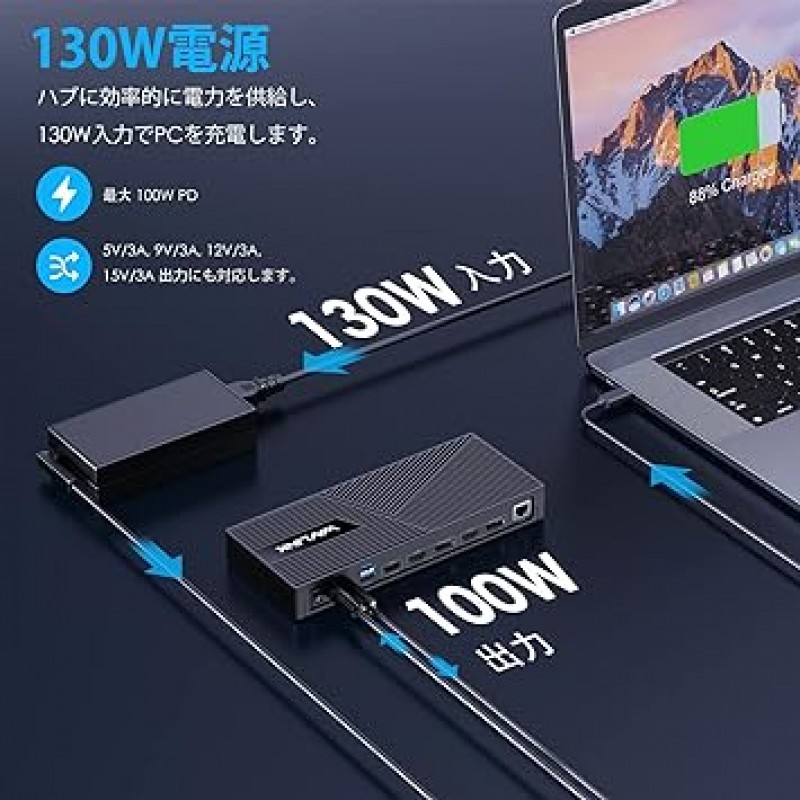 WAVLINK USB-C 4K HDMI/DP 도킹 스테이션 7.5W USB-C/ 4.5W USB 3.0 고속 충전 포트, 130W 충전, 미러 모드 및 확장 모드 지원, Windows 및 Mac OS 지원, 10Gbps 데이터 전송