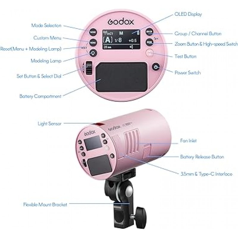 Godox AD100Pro 100Ws 플래시 스트로브, 라운드 헤드 모노라이트, 2.4G, TTL, 1/8000, HSS, 고속 동기화, 0.01 ~ 1.5 재활용, 360 풀 파워 플래시, 32채널, 컴팩트