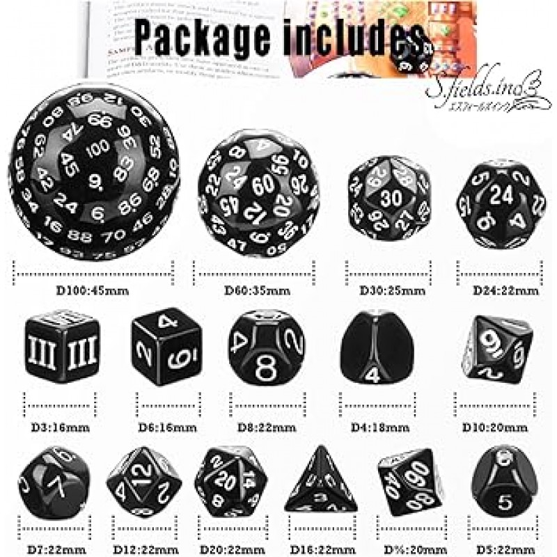 S.fields.inc 100 Sided Dice Polyhedral Dice Set, 15 Pieces of 10 Dice, 3-10 Sides, 20, 30, 60 Sides(Black)