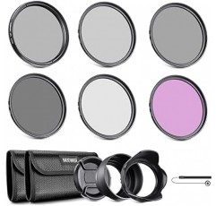 NEEWER 52mm 렌즈 필터 키트: UV, CPL, FLD, ND2, ND4, ND8, 렌즈 후드, 렌즈 캡, 52mm 렌즈가 장착된 DSLR 카메라