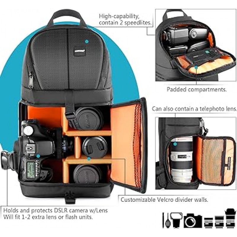 NEEWER Pro Camera Bag Backpack (Color Interior) Nikon Canon 및 기타 DSLR 렌즈 삼각대 카메라 액세서리 용 방수 충격 방지 보호 안티 눈물 디바이더 15.8 x 9.8 x 6.1 인치 오렌지