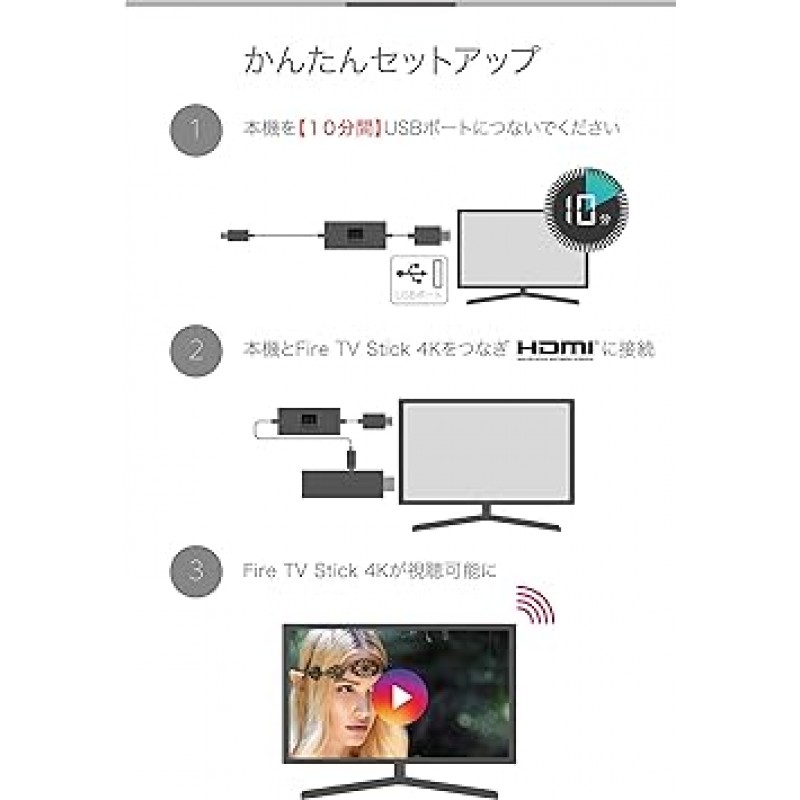 [Fire TV Stick 4K] [Fire TV Stick Max Lite 4K] 미션 케이블과 호환 AC 전원 공급 장치가 없는 모든 TV USB 포트 아름다운 배선 벽걸이 TV TV 마운트 액세서리