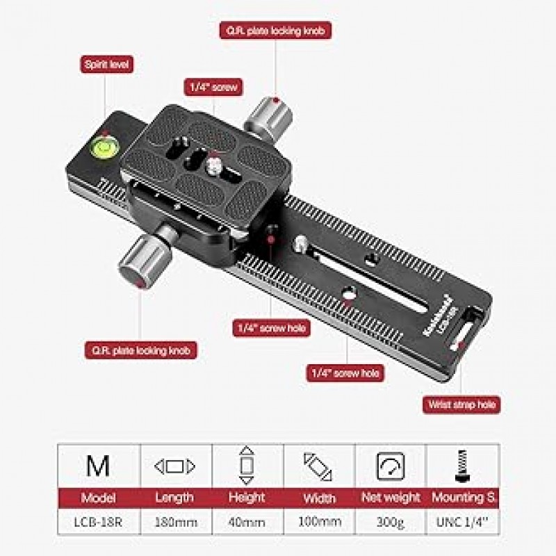 Koolehaoda 180mm 레일 Arca Swiss 퀵 릴리스 플레이트 양면 퀵 릴리스 클립이 있는 Double Dovete QR 보드, DSLR/미러 카메라/렌즈에 적합, Arca-Swiss 표준과 호환 가능, 내장 레벨