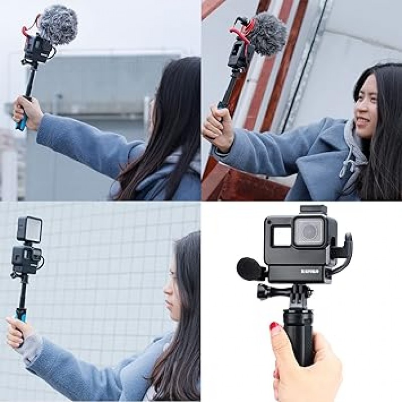 V2 보호 하우징 케이스 Cooer V2 GoPro 7 6 5, 액션 카메라 액세서리와 호환되는 3.5mm 마이크가 있는 콜드 슈 어댑터 홀더가 있는 블로깅 프레임 케이지 마운트