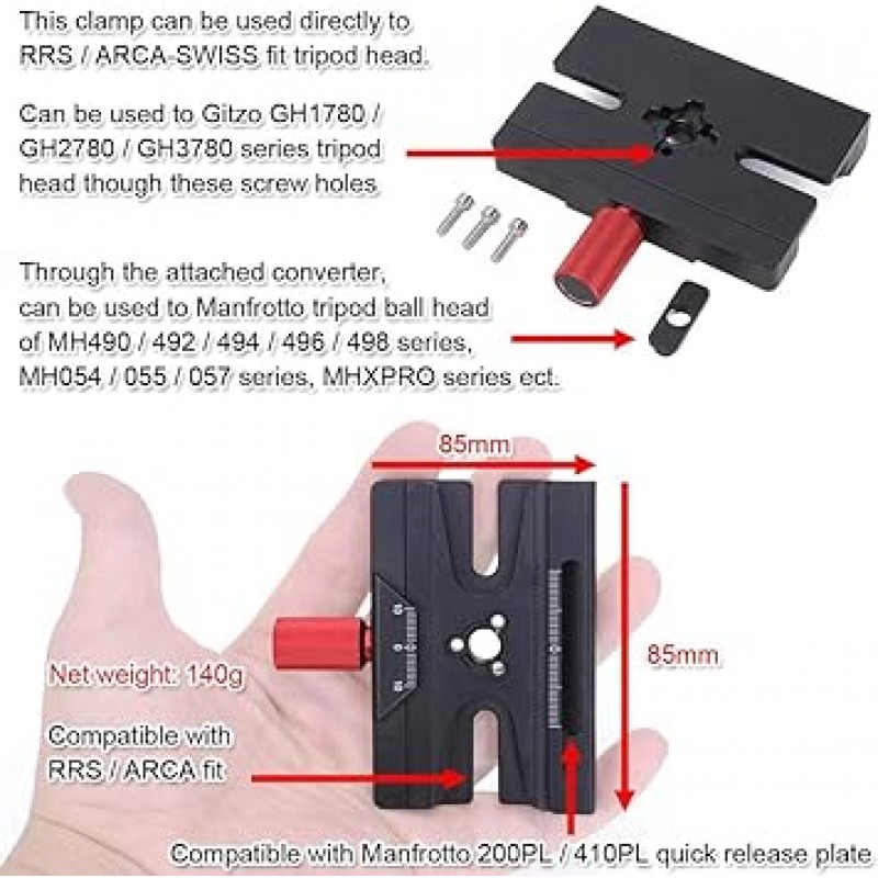 Arca-Swiss Fit Manfrotto Gitzo용 iShoot 클램프 어댑터 퀵 릴리스 플레이트 및 Manfrotto 200PL 410PL 및 ARCA Fit 삼각대 볼 헤드 Gitzo GH1780 GH2780 GH3780 Manfrotto MH490 MH492 MH494 MH496 MH498 MH498 MH4 MH4 MH498 MH4 MH4 MH498 MH 0 MH0 MH498 54 MH0 55 MH057 MHXPRO와 호환 가능 시리즈