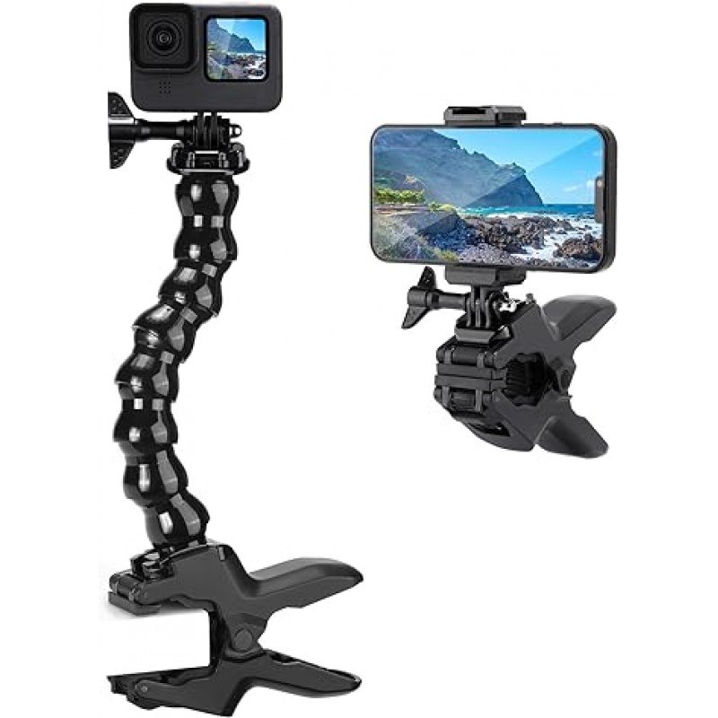 GoPro용 Ulanzi Jaws Flex 클램프 마운트, 스마트폰 홀더가 있는 Jaws GoPro 마운트, 조정 가능한 Gooseneck 카메라 액세서리 스마트폰용 자전거 자전거 오토바이 클립 마운트, GoProHero11, 10, 9, 8, 7Insta 360, DJI Action, Action Cam 등