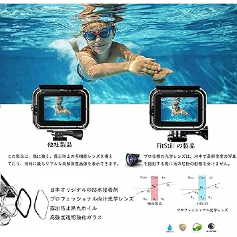 FitStill Fit Go Pro HERO 11 / HERO 10 / HERO 9 블랙 | 60m 딥 다이빙 | 방수 방진 보호 하우징 | Go Pro Hero11, Hero10, Hero9 액션 카메라용