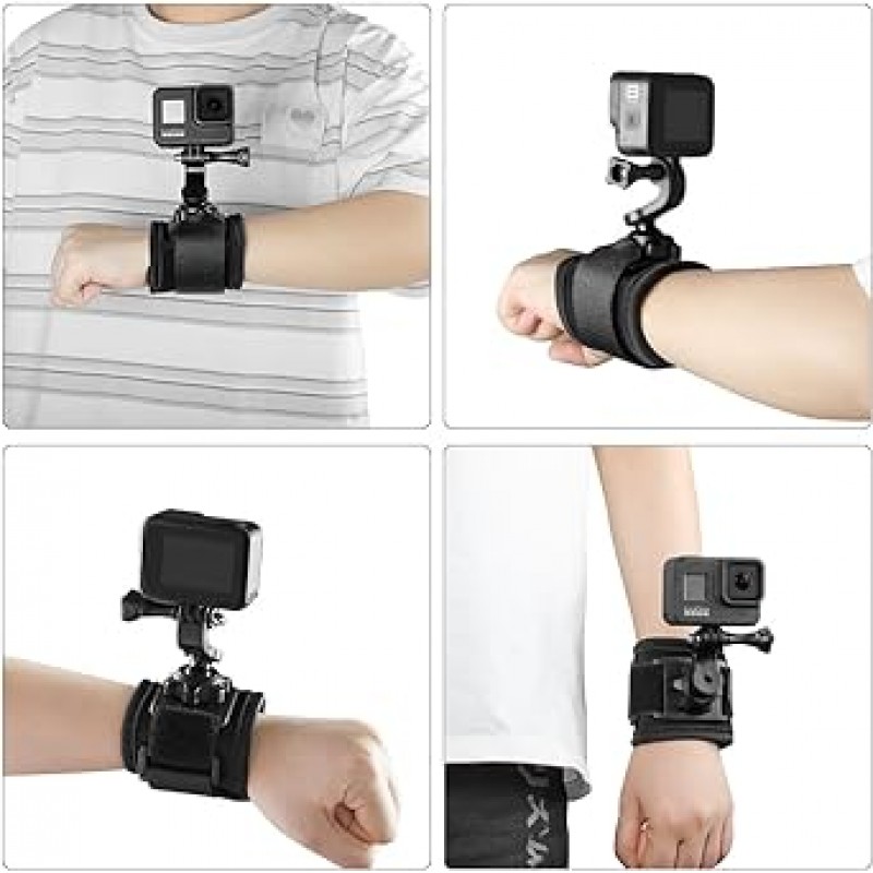 GoPro Hero 11/10/9/8/7/6/5 Black, DJI 시리즈, Insta360 시리즈 및 기타 액션 카메라와 호환되는 Taisioner 360° 회전 손목 스트랩 마운트 암 마운트