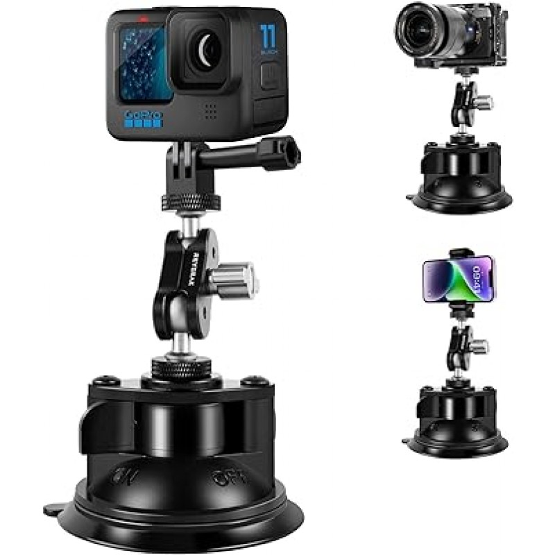 스마트폰 홀더가 있는 GoPro Insta360 DJI 액션 카메라용 REYGEAK 흡입 컵 마운트, 360도 회전, 직경 3.3인치(8.5cm), 강력한 흡입 컵 유형, 자동차 홀더, 자동차 앞 유리 및 창에 부착, GoPro MAX HERO11 10 9 8 7 6 5 Insta360 X3 One X2 Go 2 DJI Osmo Pocket 2 Action3 Canon SLR 스마트폰과 호환되는 미러리스 카메라(소형)