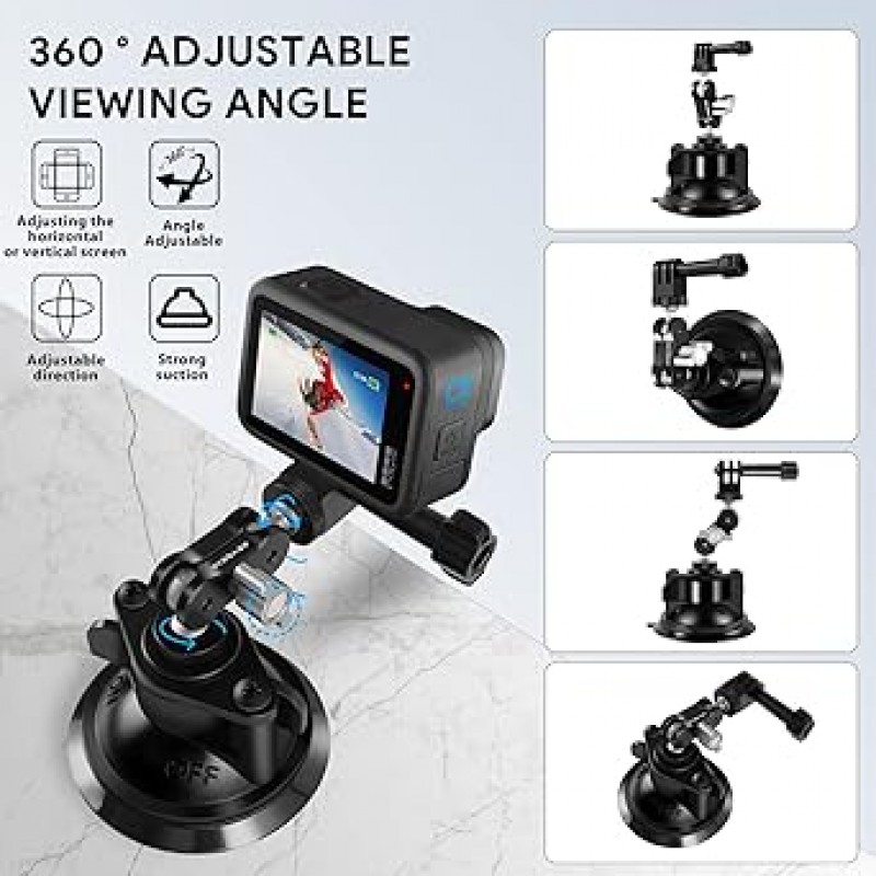 스마트폰 홀더가 있는 GoPro Insta360 DJI 액션 카메라용 REYGEAK 흡입 컵 마운트, 360도 회전, 직경 3.3인치(8.5cm), 강력한 흡입 컵 유형, 자동차 홀더, 자동차 앞 유리 및 창에 부착, GoPro MAX HERO11 10 9 8 7 6 5 Insta360 X3 One X2 Go 2 DJI Osmo Pocket 2 Action3 Canon SLR 스마트폰과 호환되는 미러리스 카메라(소형)