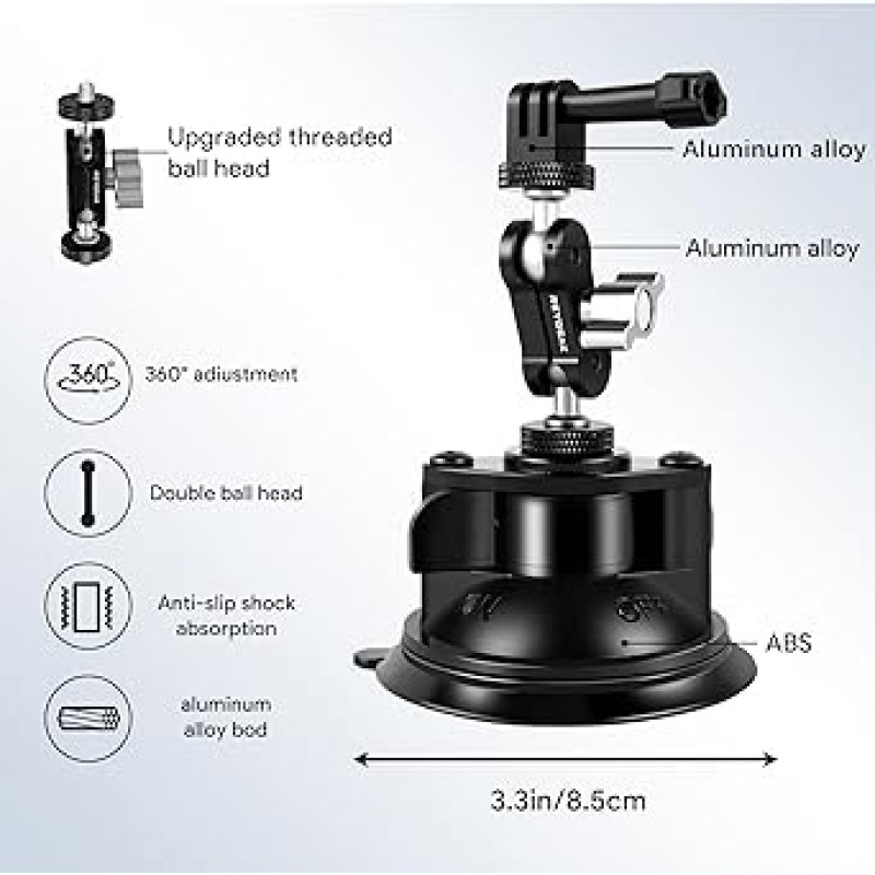 스마트폰 홀더가 있는 GoPro Insta360 DJI 액션 카메라용 REYGEAK 흡입 컵 마운트, 360도 회전, 직경 3.3인치(8.5cm), 강력한 흡입 컵 유형, 자동차 홀더, 자동차 앞 유리 및 창에 부착, GoPro MAX HERO11 10 9 8 7 6 5 Insta360 X3 One X2 Go 2 DJI Osmo Pocket 2 Action3 Canon SLR 스마트폰과 호환되는 미러리스 카메라(소형)