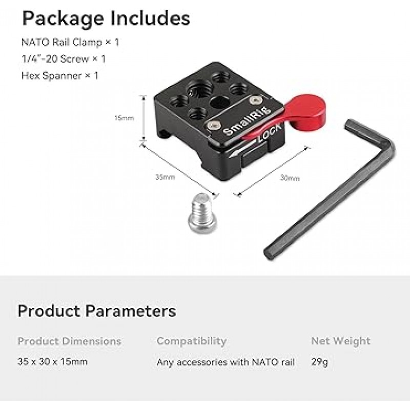 SmallRig 범용 NATO 클램프 (35mm 나사가있는 1/4 나사) 360도 회전 DSLR 장비가있는 Nato 액세서리와 호환 DSLR Rigs DSLR Rig-1885