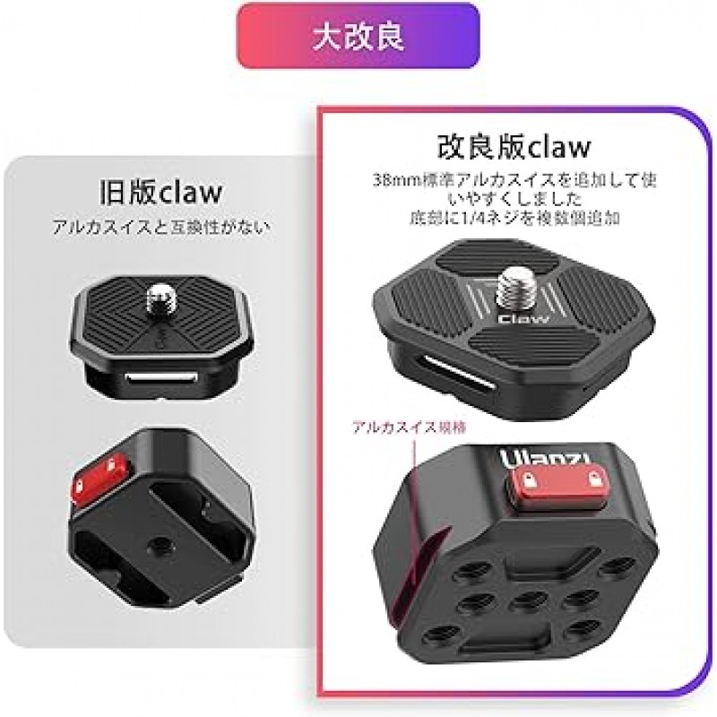 Ulanzi Claw 퀵 릴리스 카메라 알루미늄 합금 카메라 클립 1/4 나사 38mm 표준 Arca Swiss 인스턴트 탈착식 SLR 카메라 홀더 삼각대 액세서리 Manfrotto IFOOTAGE 슬라이더 DSLR 캠코더 DJI Ronin S/SC용 짐벌 안정기