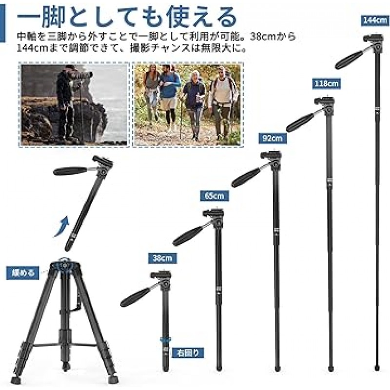 원격 제어가 가능한 ZOCUS 삼각대, 가변 모노포드, 총 높이 74.8인치(1900mm), 다리 직경 1.0인치(26mm), 5단, 3방향 헤드 레벨, 퀵슈 유형, 알루미늄, 스마트폰 홀더, 휴대용 가방, 호환 가능 SLR, 비디오, 카메라, 스마트폰 호환, 블랙