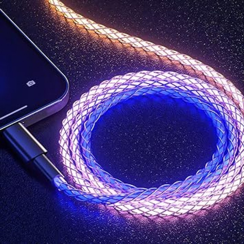 Sikai Light Flow 충전 케이블, USB-A/Type C/iPhone, RGB, 다채로운 케이블, 3.3피트(1m), 조명, 발광, USB-A 및 Type-C 케이블, 충전 + 480Mbps, 고속 데이터 전송, 숨쉬는 빛, 자동차 충전 케이블, iPhone, Xperia, Galaxy, LG, iPad Pro, MacBook, 기타 Android, Type-C 이상, 3.3피트(1m)(USB-A에서 iPhone으로)